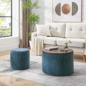 VYNXARIA 2-Piece Set Round Chenille Storage Ottoman,Equipped with a Drum Shaped Small Stool,Storage Space,and MDF Made Desktop Panel - 1 of 4