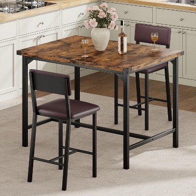 3-Piece Counter Height Dining Table Set: 2 Upholstered Bar Stools with Backrest & Footrest, Corner Protector. Ideal for Kitchen, Apartment.