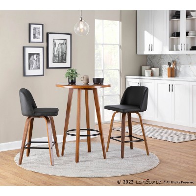 Set of 2 Black Faux Leather and Walnut Wood Swivel Barstools