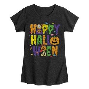 Girls' - Garfield - Happy Halloween Icons Fitted Short Sleeve Graphic T-Shirt - 1 of 4
