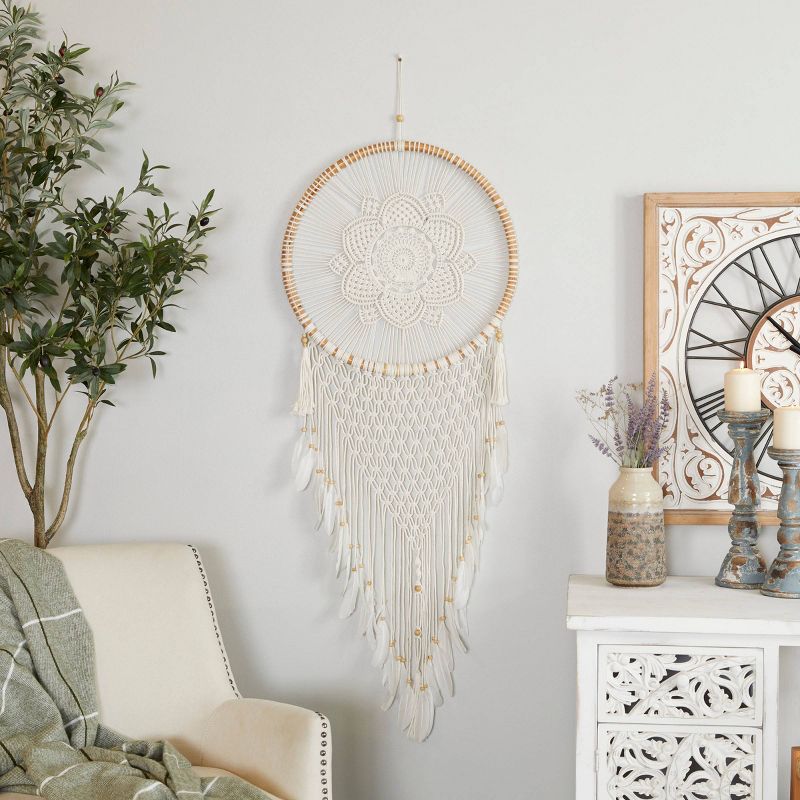Cotton Macrame Handmade Intricately Woven Dreamcatcher Wall Decor with Beaded Fringe Tassels White - Olivia & May, 1 of 7