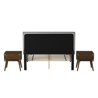 Gray Upholstered Queen Platform Bed with Nightstands