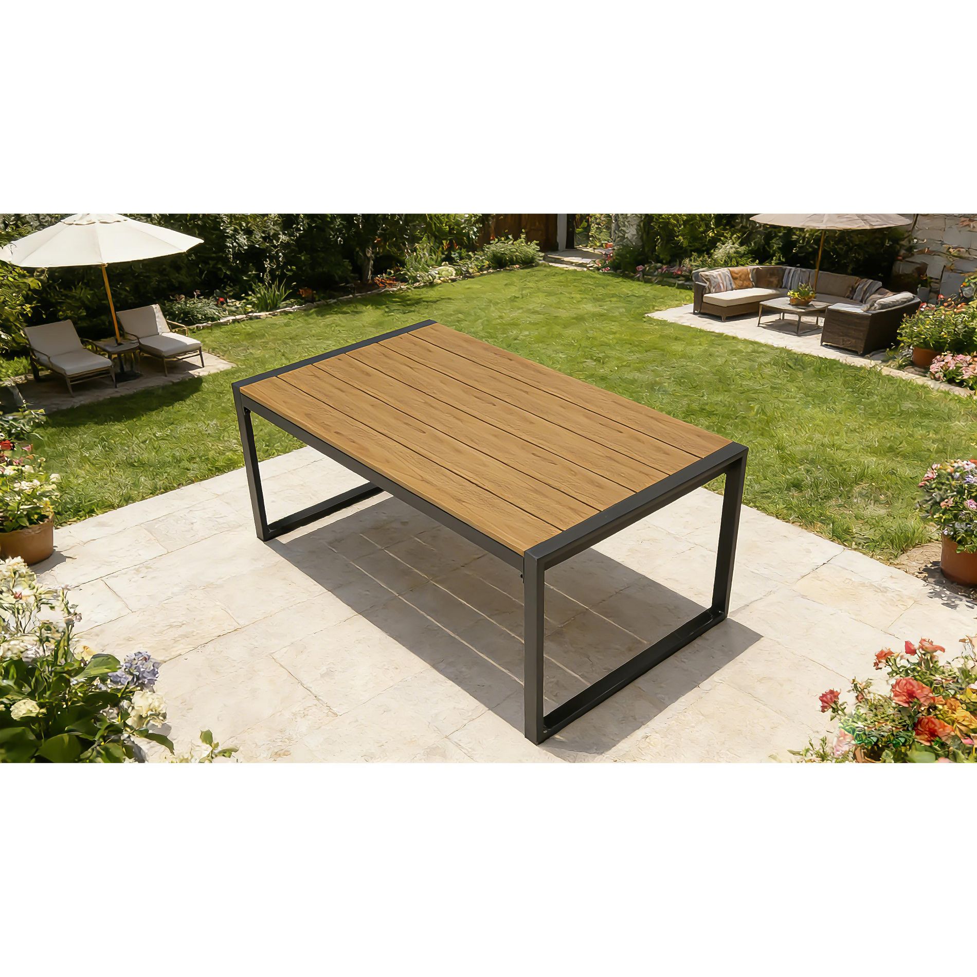 Steel Outdoor Patio Coffee Table, All-Weather WPC Wood-Grain Top, Black