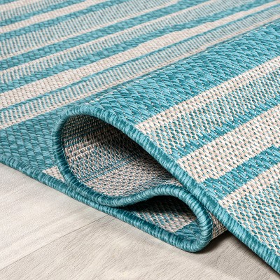 Aqua and Cream Stripe Synthetic 4' x 6' Indoor/Outdoor Rug