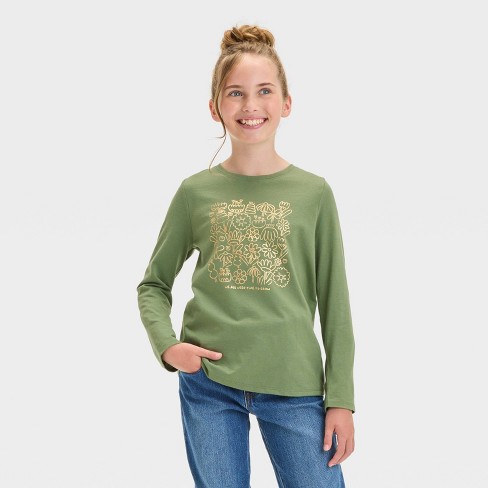 Girls Long Sleeve time To Grow Graphic T shirt Cat Jack Olive Green Target