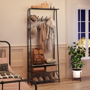 Coat and Shoe Rack, Coat Stand with Shoe Storage Bench, Wood and Metal Frame, with Hooks, a Clothes Rail, for Hallway, Entrance, Bathroom - 1 of 4
