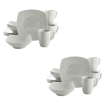 Gibson Home Zen Buffetware Versatile 12 Piece Square Dinnerware Dish Set with Multi Sized Plates, Bowls, and Mugs, White (2 Pack)
