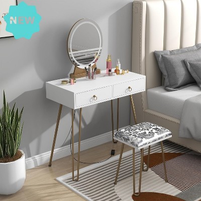 Jojoka Makeup Vanity Table Set with Lighted Mirror, 2 Storage Drawers & Upholstered Stool ¨C Modern White Dressing Table for Bedroom