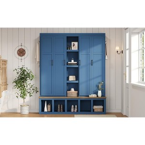 APRILSOUL 62.9"W Farmhouse 4-in-1 Hall Tree - 6 Hooks, Wood Grain Bench, Shoe Cabinet, White - 1 of 4