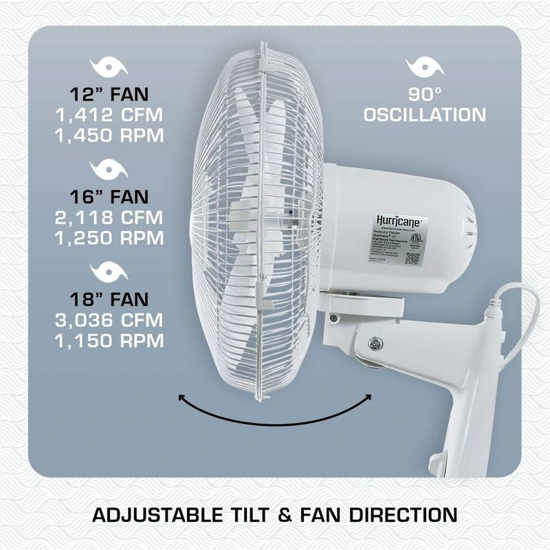Hurricane Supreme 18 Inch 90 Degree Oscillating Indoor Wall Mounted 3 Speed Plastic Blade Fan with Adjustable Tilt and Pull Chain Control, White, 3 of 7