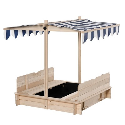 INFURNIC Baby Activity Gyms Wooden Sandbox with Adjustable Canopy and Foldable Bench Seats for Outdoor Play, Blue, 41.8"*41.8"*47.8"