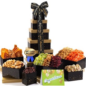 Congratulations Tower Gift Basket with Premium Gourmet Nuts & Dried Fruits - 12 Assortments + Black Ribbon - 1 of 4