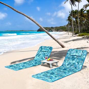 Costway 3-Piece Beach Lounge Chair Mat Set 2 Adjustable Lounge Chairs with Table Blue\Stripe