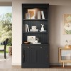83.4-inch tall bookcase with LED lighting, sliding doors, and open shelves, black. - 2 of 4