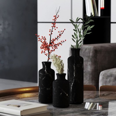 Matte Black Marble Look Decorative Vase Set