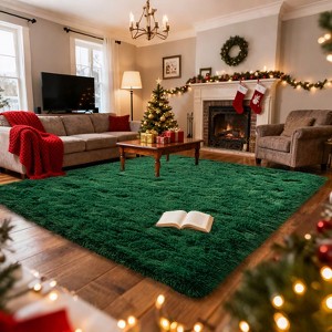 Dark Green Shag Area Rug, Ultra Soft 1.7" Thick Plush Carpet with Non-Slip Backing for Bedroom - 1 of 4