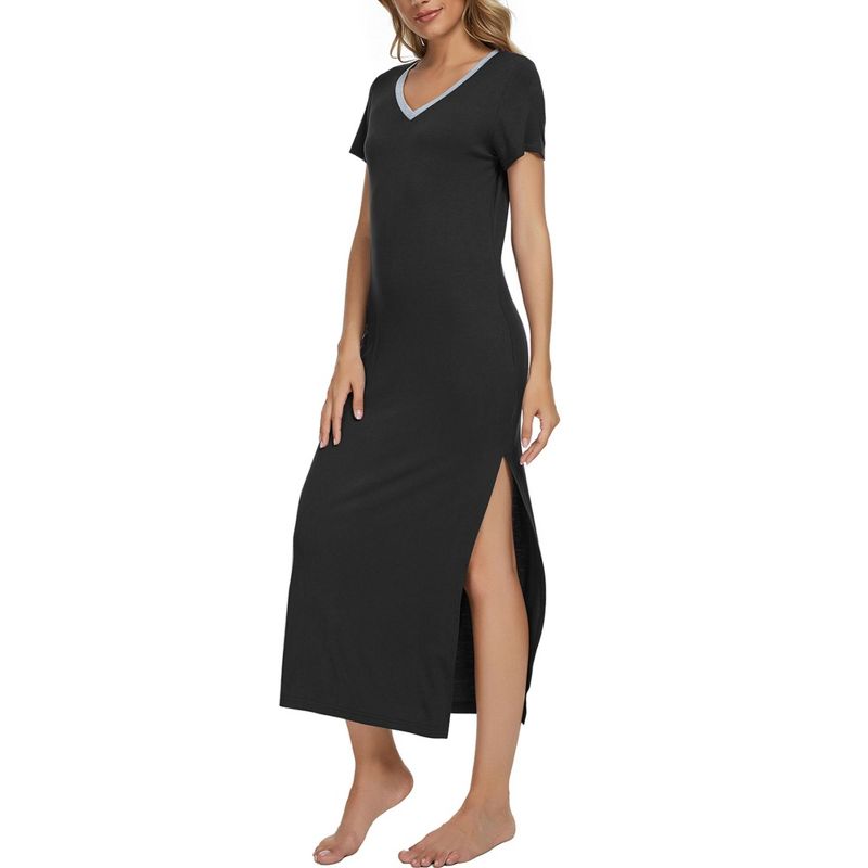 cheibear Womens Sleepwear Long Pajama Dress with Side Slit Nightshirt Lounge Nightgown, 3 of 6