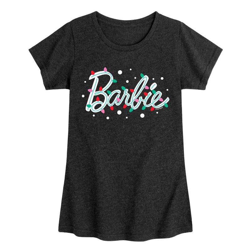 Girls' Barbie Logo Holiday Lights Short Sleeve Graphic T-Shirt - Heather Black, 1 of 2