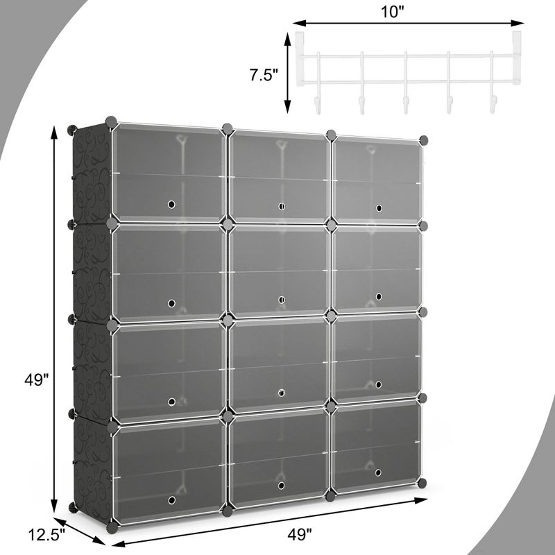 Costway Portable Shoe Rack Organizer 12-Cube 48 Pair Shoe Shelf Storage Cabinet w/Hook, 4 of 11