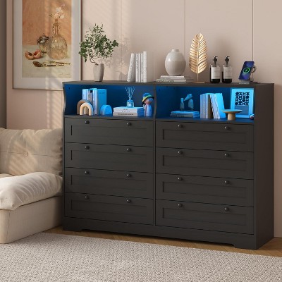 Jojoka 8 Drawer Dresser with Storage Shelves, 55" W Modern Bedroom Dresser with Led Lights