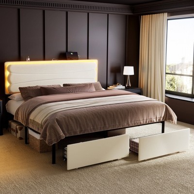 WOWLIVE Upholstered Bed Frame with Adjustable Headboard and 2 Storage Drawers, Velvet Platform Bed Frame with Charging Station and LED, Beige & Grey