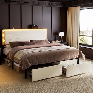 WOWLIVE Upholstered Bed Frame with Adjustable Headboard and 2 Storage Drawers, Velvet Platform Bed Frame with Charging Station and LED, Beige & Grey - 1 of 4