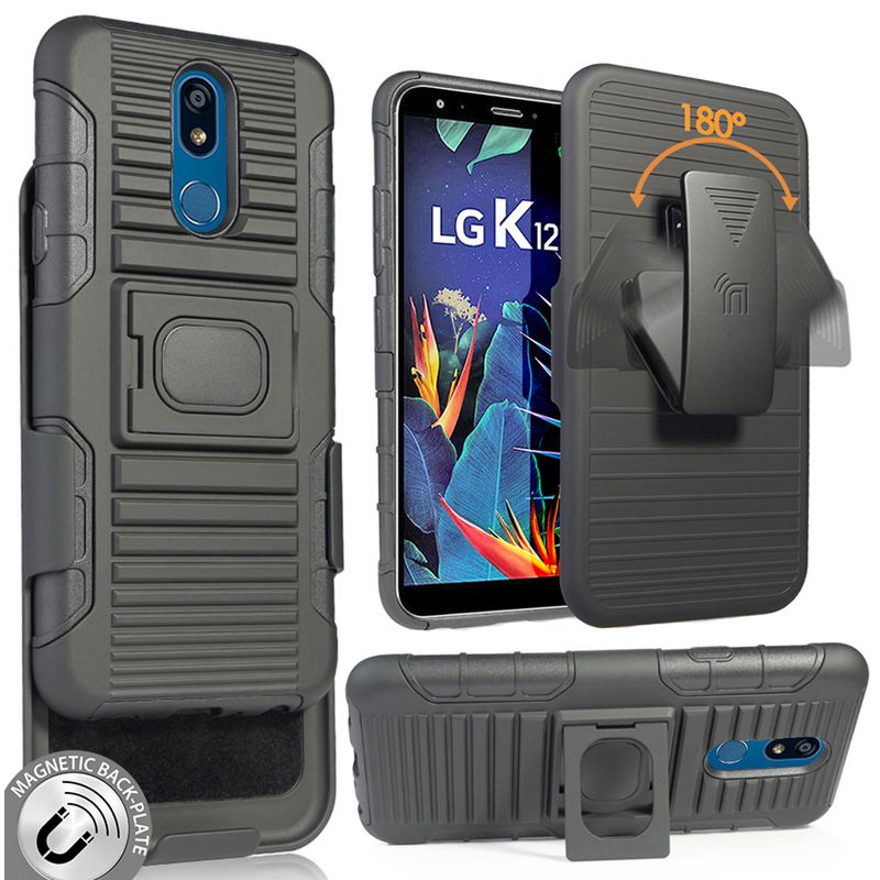 Nakedcellphone Combo for LG K40, Solo, K12 Plus, Harmony 3 - Ring Grip/Stand Case and Belt Clip Holster - Black, 1 of 11