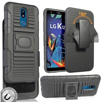 Nakedcellphone Combo for LG K40, Solo, K12 Plus, Harmony 3 - Ring Grip/Stand Case and Belt Clip Holster - Black