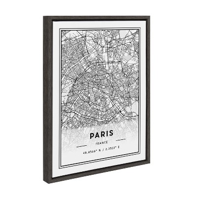 Paris Modern Map Black and White Framed Canvas Art