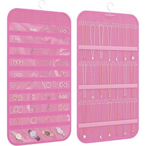Double-Sided Hanging Jewelry Organizer with 40 Pockets & 36 Hooks, Wall Mounted Storage for Necklaces & Earrings, White Pink - 1 of 4