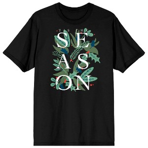 Christmas Card Tis The Season Festive Foliage Crew Neck Short Sleeve Black Unisex Adult T-shirt - 1 of 2