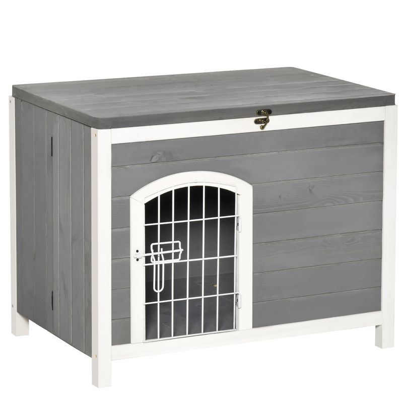 PawHut Foldable Wooden Dog House Raised Puppy Cage Kennel Cat Shelter for Indoor & Outdoor w/ Lockable Door Openable Roof Removable Bottom Gray, 1 of 7