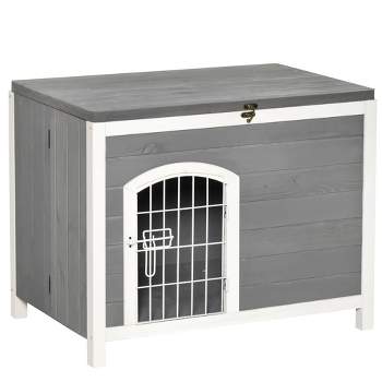 PawHut Foldable Wooden Dog House Raised Puppy Cage Kennel Cat Shelter for Indoor & Outdoor w/ Lockable Door Openable Roof Removable Bottom Gray