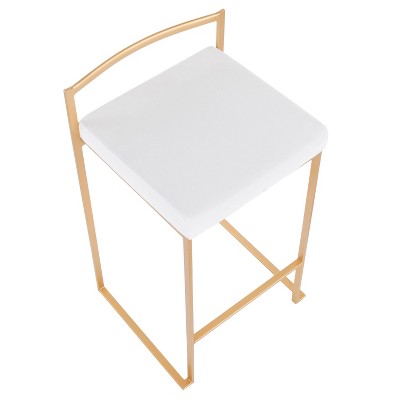 Gold Metal Bar Stools with White Velvet Cushions, Set of 2