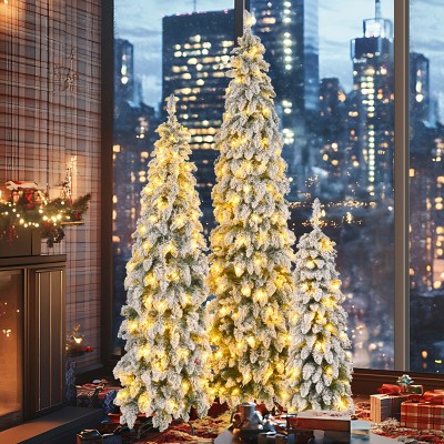 White Flocked Pre-Lit Pencil Christmas Tree Set,4ft 6ft 8ft Slim Artificial Holiday Decoration with 11 Lighting Modes-Baofuwish