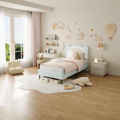 Bed Frame for Kids, Upholstered Platform Bed Frame with Adjustable Headboard & Led Light, Wooden Slats Support, No Box Spring Needed