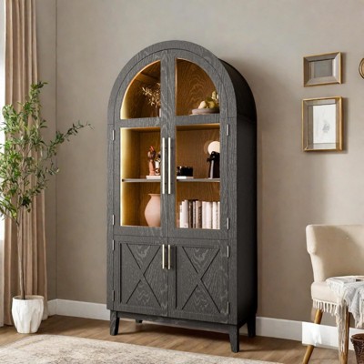 FONTOI Arched Shaped Decorative Storage Cabinet, 5-Tier Arched Bookcase with Glass Doors, Black, 36"*74.8"*17.5"