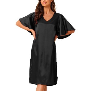 cheibear Women's Satin Nightdress Flare Bell Short Sleeve Sleep Dress Nightgown - 1 of 4