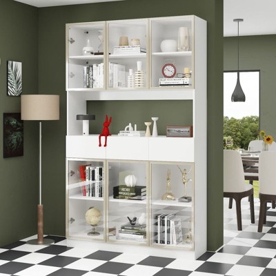 FUFU&GAGA Modern Display Cabinet with 3 LED Lighting,Dimmable Bookcase with Touch Control,Glass Doors & Drawers,Home Office Storage Unit