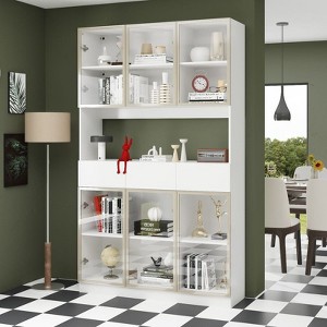 FUFU&GAGA Modern Display Cabinet with 3 LED Lighting,Dimmable Bookcase with Touch Control,Glass Doors & Drawers,Home Office Storage Unit - 1 of 4