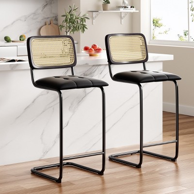 FURNIinspire Dining Chairs Set Of 2 Dining Room Chairs, Upholstered Leather Height Chair Armless Barstools with Rattan Back, Black, 17.7"*18.9"*42.5"