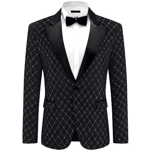 Lars Amadeus Men's Peak Lapel Tuxedo Wedding Shiny Argyle Velvet Suit Jacket Black Large
