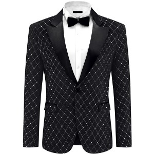 Lars Amadeus Men's Peak Lapel Wedding Shiny Argyle Plaid Velvet Suit Jacket - 1 of 4