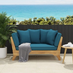 TinyHomie Expandable Daybed, Outdoor Couch Acacia Wood Patio Couch with Adjustable Armrests, Removable Cushions and Pillows - 1 of 4