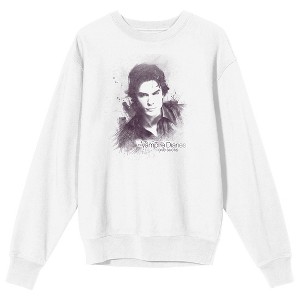 Vampire Diaries Damon Salvatore Sketch Adult White Crew Neck Long Sleeve Sweatshirt - 1 of 3