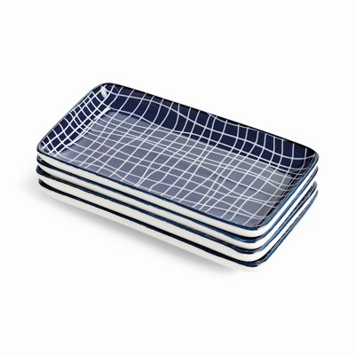 Plum & Post Stria 7" Trays, Set of 4 - Dark Blue/White Ceramic
