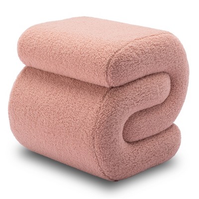 VYNXARIA Ottomans and Benches - Pink S-Shape Teddy Makeup Stool and Footstool, 19.30" x 18.10" x 18.10"