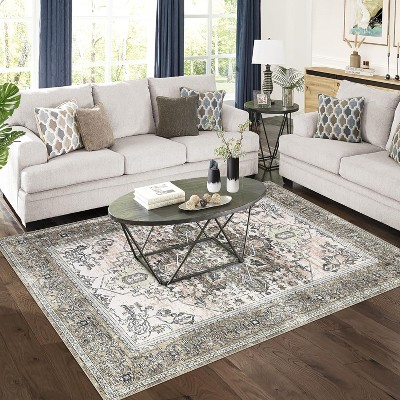 Washable Area RugsStain Resistant Rugs Non-Slip Backing Home Decor Rug Traditional  Design Vintage Medallion Pattern Rugs