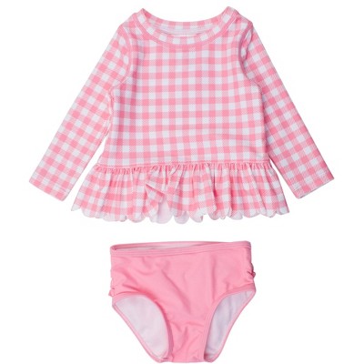 thumbnail interactive-video image 1 of RuffleButts Baby/Toddler Girls UPF50+ Sun Protection Seersucker Ruffle Rash Guard Bikini Set 1 of 2