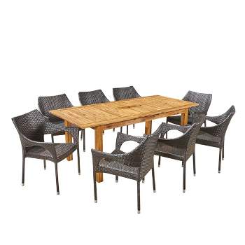 Damon 9pc Wood & Wicker Expandable Dining Set - Natural/Brown - Christopher Knight Home